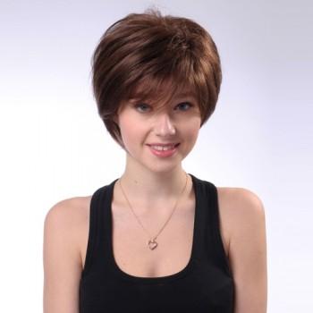 Foto sin tapa corto castaño ondulado 100% pelucas del pelo humano