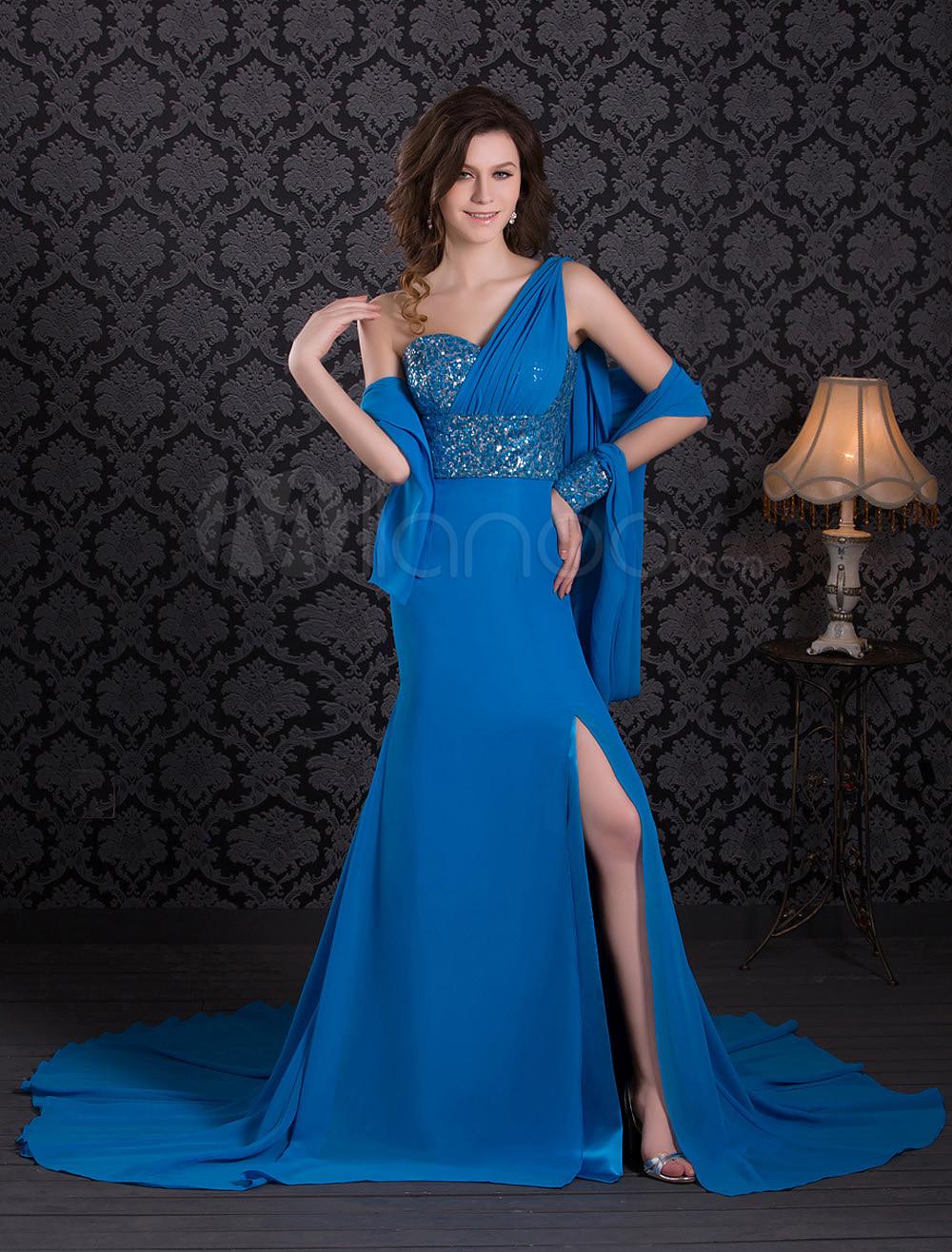 Foto Sirena azul lentejuelas gasa cuello baile vestido