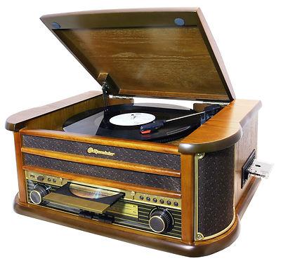 Foto sistema hi-fi retro en madera maciza tocadiscos radio cd cassette y usb grabador