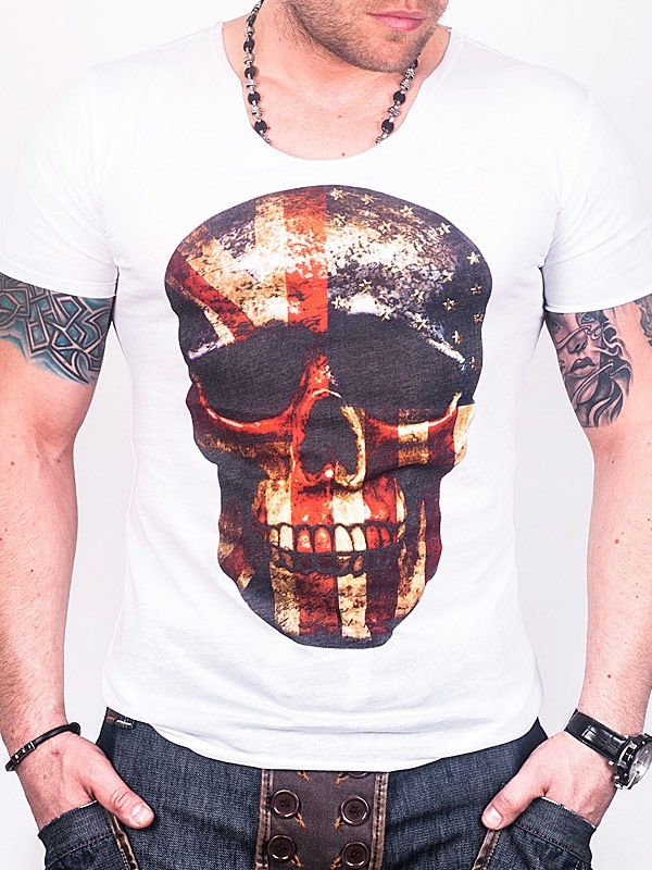 Foto Skull With UK Flags Camiseta – Blanco - L