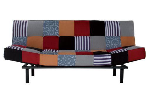 Foto Sofá cama tapizado en tela patchwork, sistema de apertura clic clac.