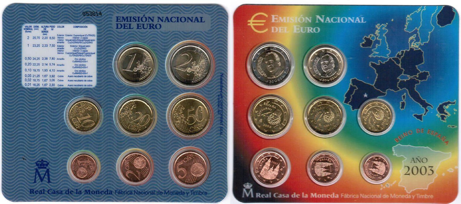 Foto Spanien Offizieller Kurssatz 1 Cent bis 2 Euro 2003