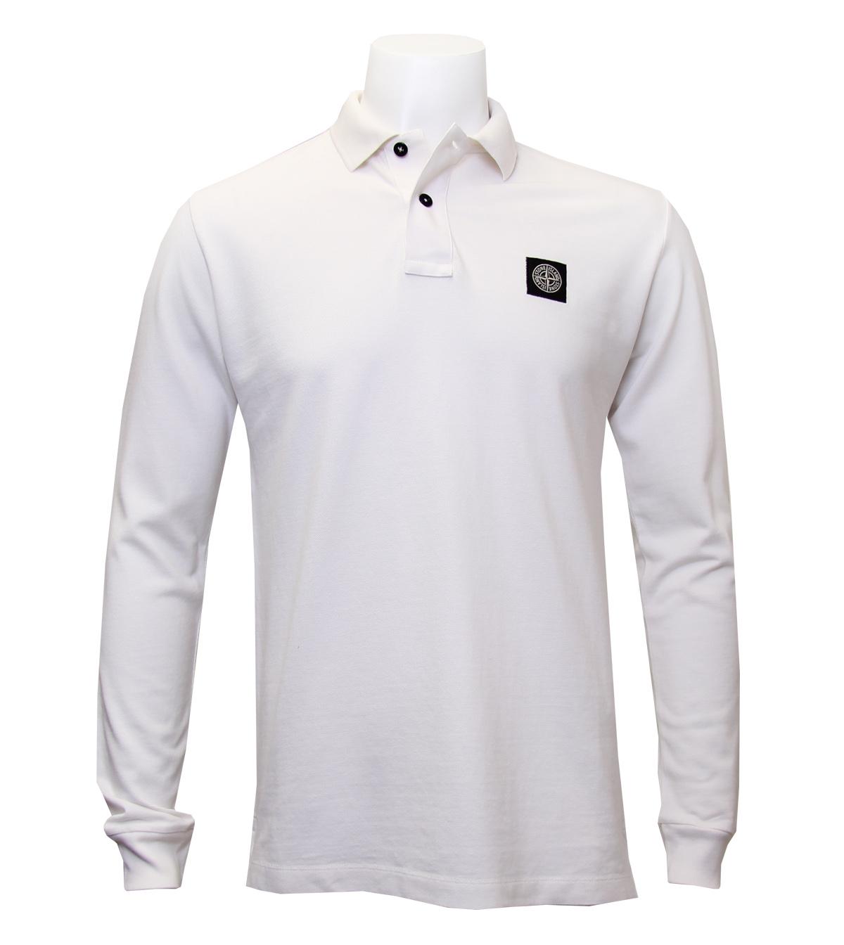 Foto Stone Island White Long Sleeved Slim Fit Polo Shirt-XL