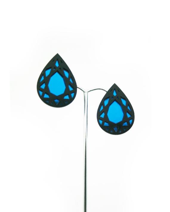 Foto Teardrop Earrings Blue Diamond Lace Stud or Clip On Earring