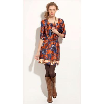 Foto Tonala:vestido naranja estampados azul y beig