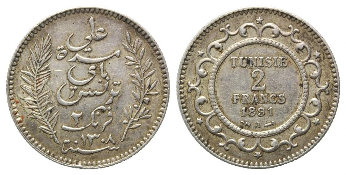 Foto Tunesien, 2 Francs 1891 A, Paris,