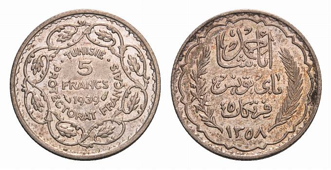 Foto Tunesien 5 Francs Ah1358/1939