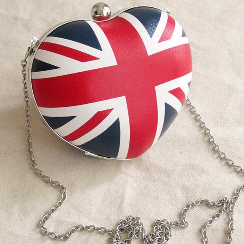 Foto UK England Flag Heart Shaped Women Girls Messenger Bag Shoulder Day Clutch Evening Bag Chain Mini Box Crossbody Bag