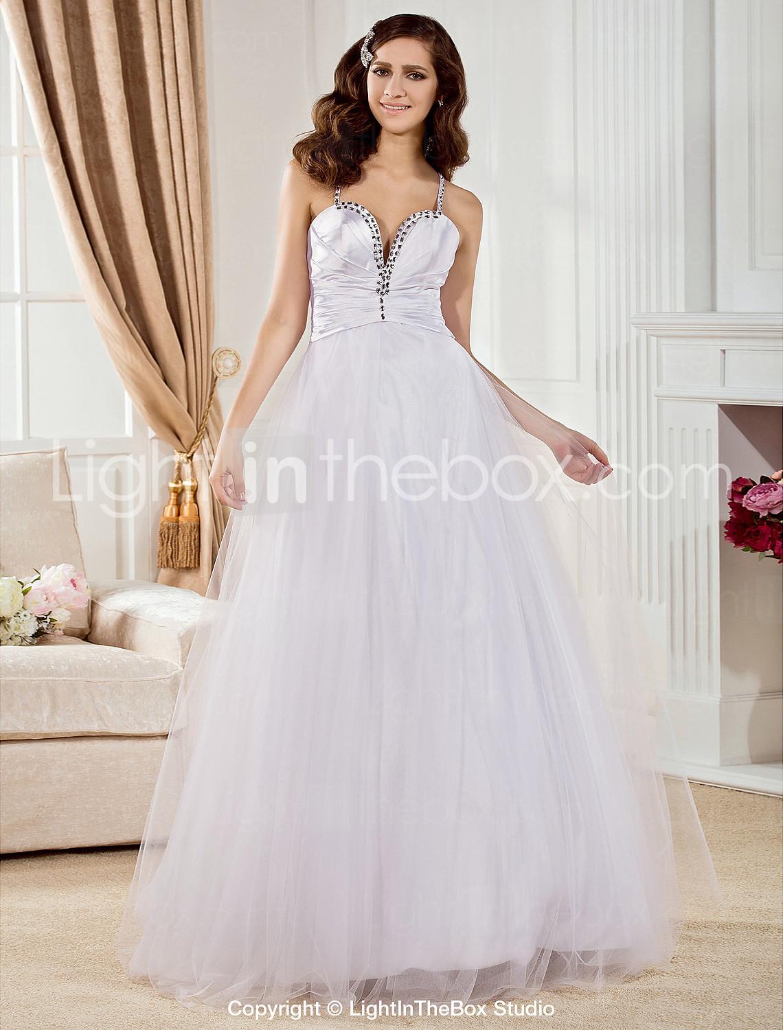 Foto una línea de cariño piso-longitud de tul y raso vestido de novia tejido elástico