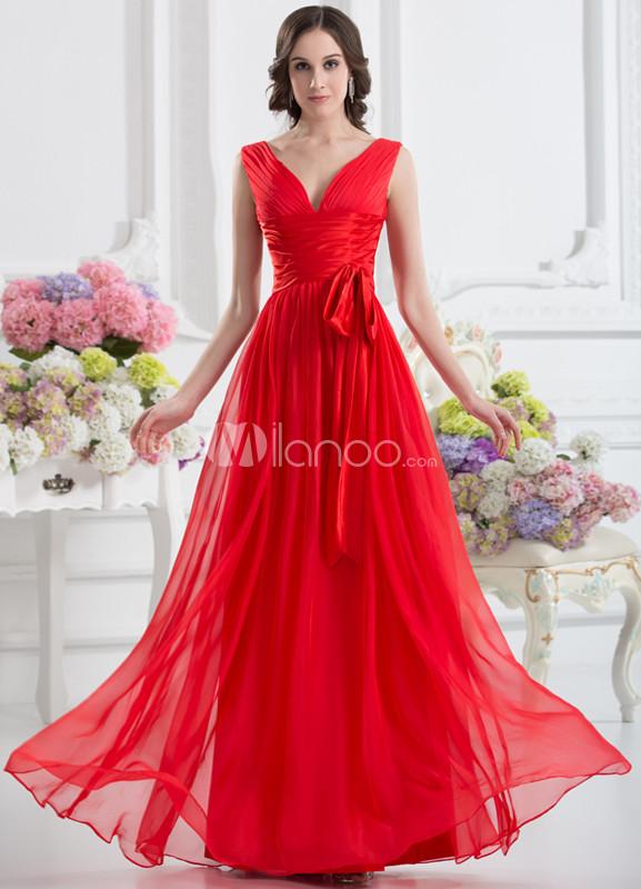 Foto Una línea rojo arco V-cuello palabra de longitud moda vestido de fiesta
