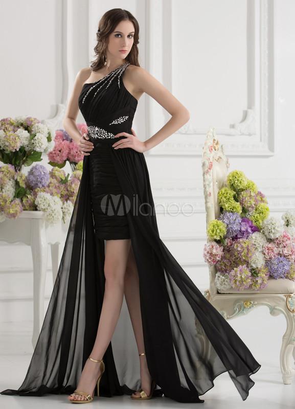 Foto Vaina negro acanalada de un solo hombro piso-longitud moda vestido de fiesta
