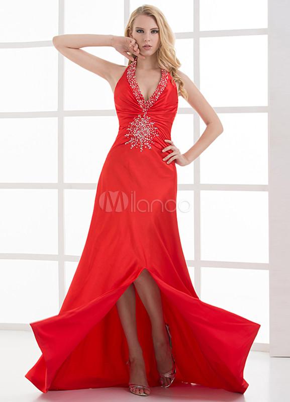 Foto Vaina rojo abalorios cabestro palabra de longitud vestido de fiesta