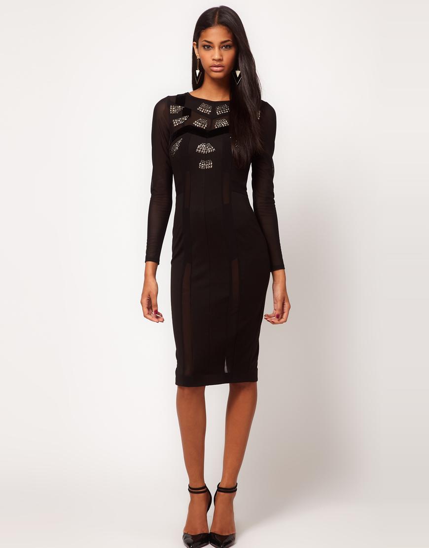 Foto Vestido ajustado a media pierna con strass y cuentas de ASOS Negro