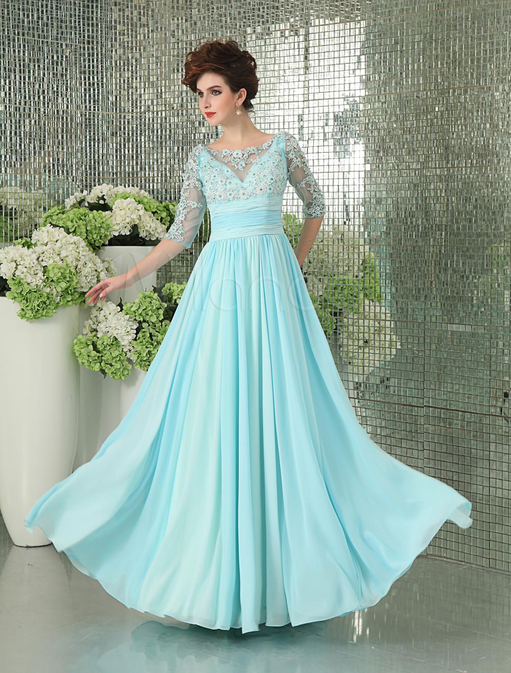 Foto Vestido azul de cielo Gasa y encaje-vestido vestido de fiesta de moda