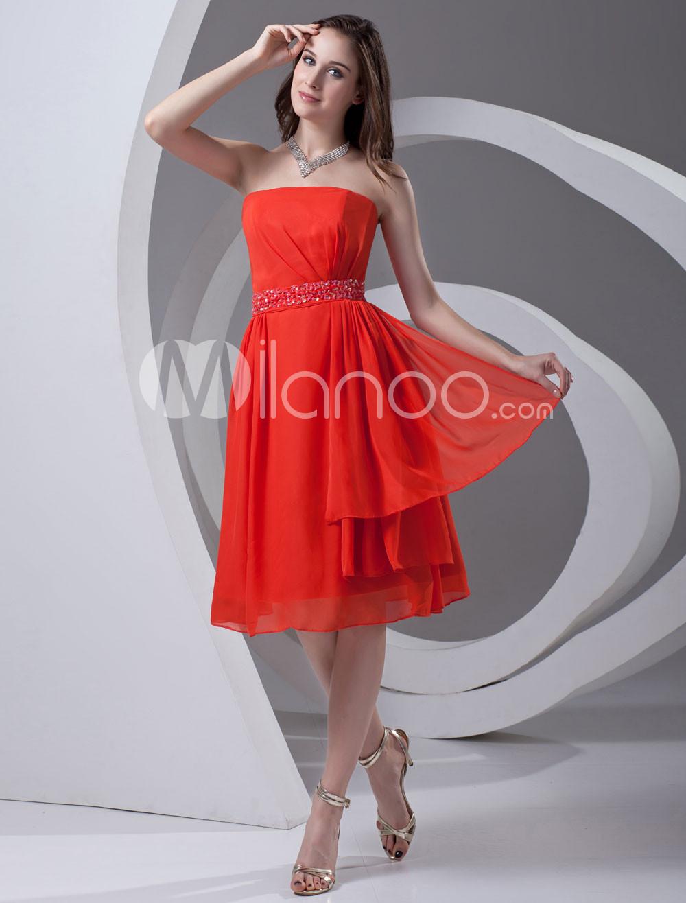 Foto Vestido de coctel de una línea naranja gasa rebordear rodilla-longitud sin tirantes de la mujer