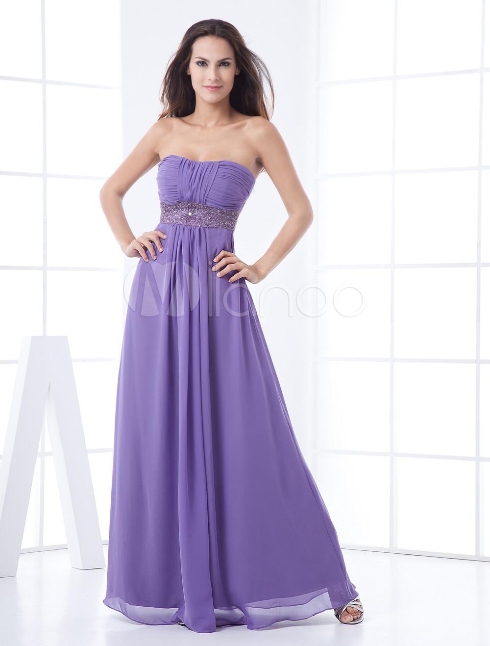 Foto Vestido de damas de honor de color lavanda de gasa estilo imperio sin tirantes hasta el tobillo