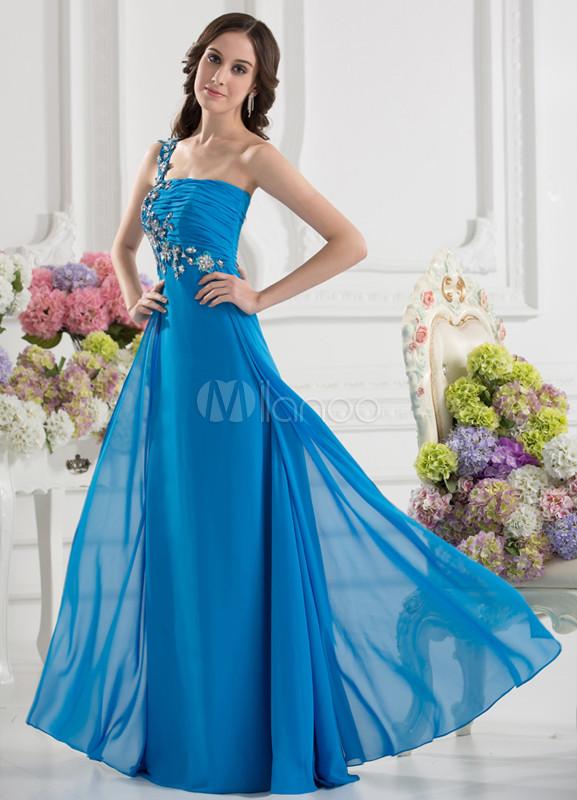 Foto Vestido de fiesta azul aplique un solo hombro de la mujer de la envoltura