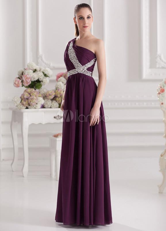 Foto Vestido de fiesta de Gasa uva vestido brillante del Rhinestone un hombro piso-longitud Femenil