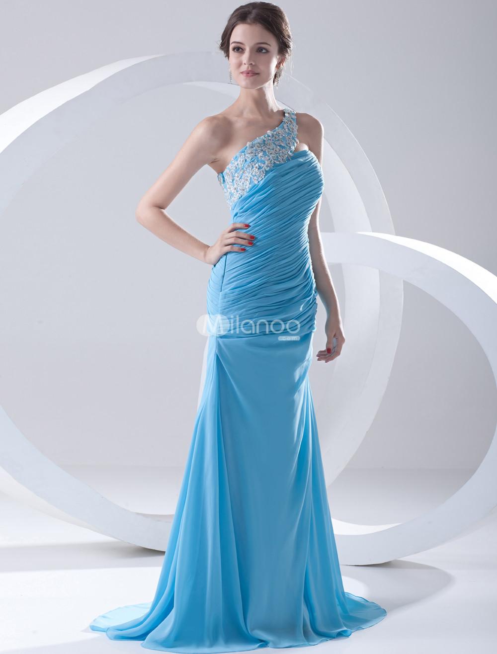 Foto Vestido de fiesta de la moda vaina luz azul cielo gasa acanalado de un solo hombro barrido