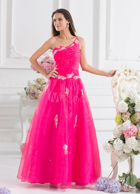 Foto Vestido de fiesta de moda de Organza fucsia atractivo rebordear un hombro piso-longitud
