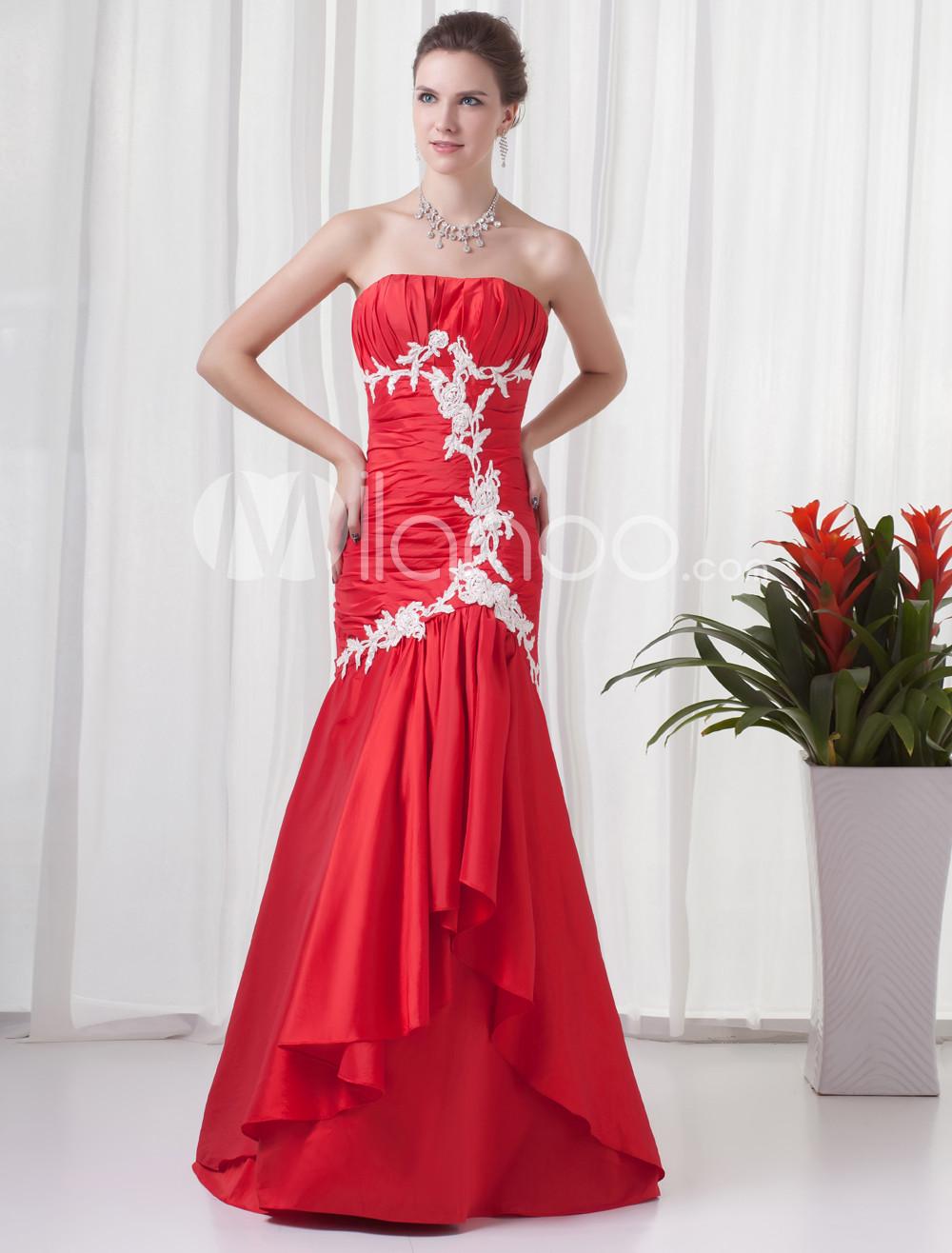 Foto Vestido de fiesta de moda sin tirantes acanalada de tafetán rojo de sirena