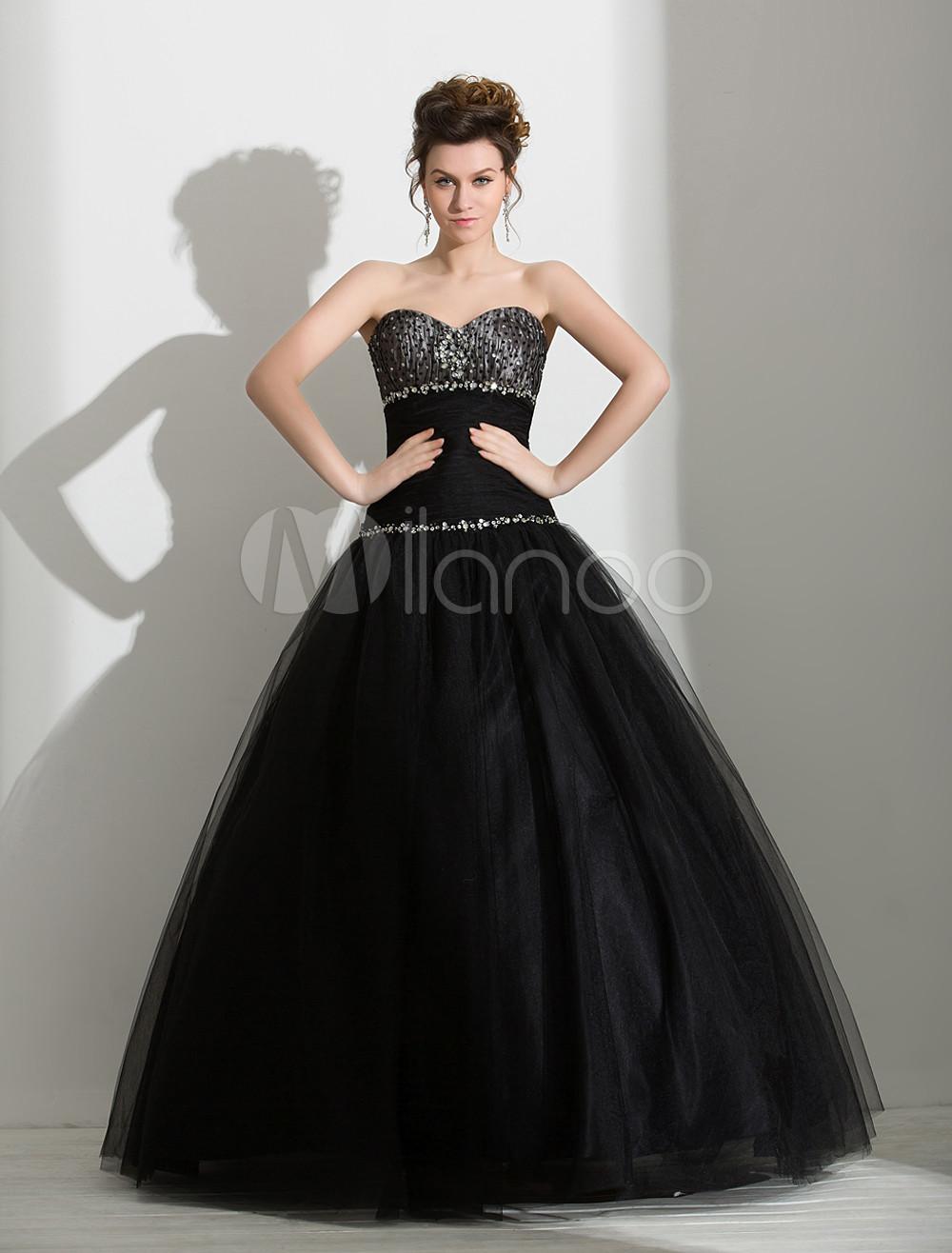 Foto Vestido de fiesta de piso-longitud sin tirantes de Organza negro clásico Rhinestone