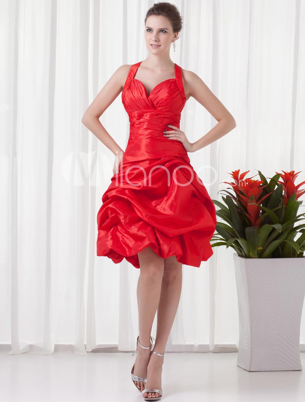 Foto Vestido de fiesta de tafetán rojo cabestro rodilla-longitud