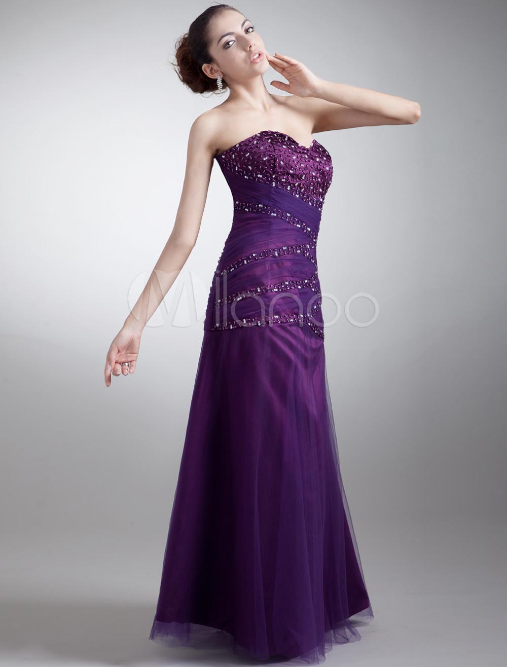 Foto Vestido de fiesta de tul uva rebordear vestido cuello de la mujer de la envoltura