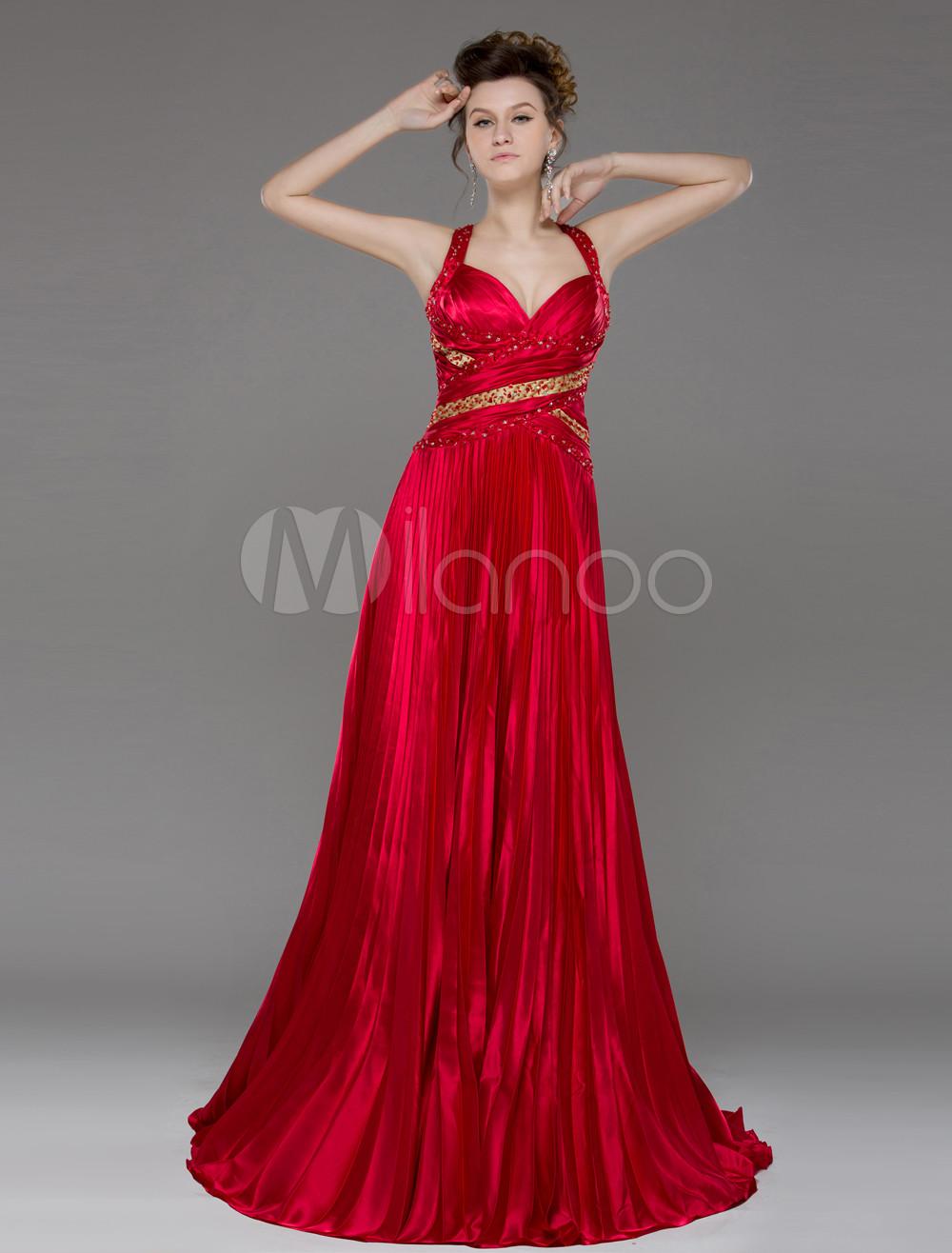Foto Vestido de fiesta rojo rebordear correas cuello Femenil de barrido de la envoltura