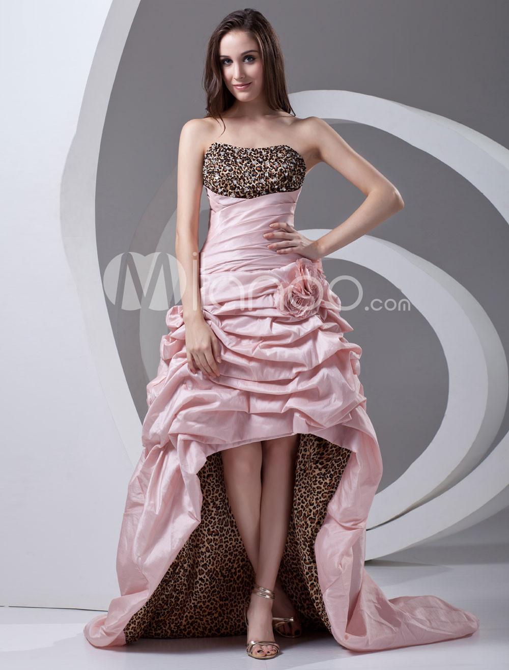 Foto Vestido de fiesta sin tirantes acanalada de tafetán rosa del