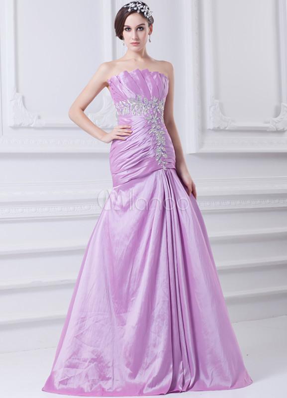 Foto Vestido de fiesta sin tirantes de apliques de lavanda tafetán de sirena