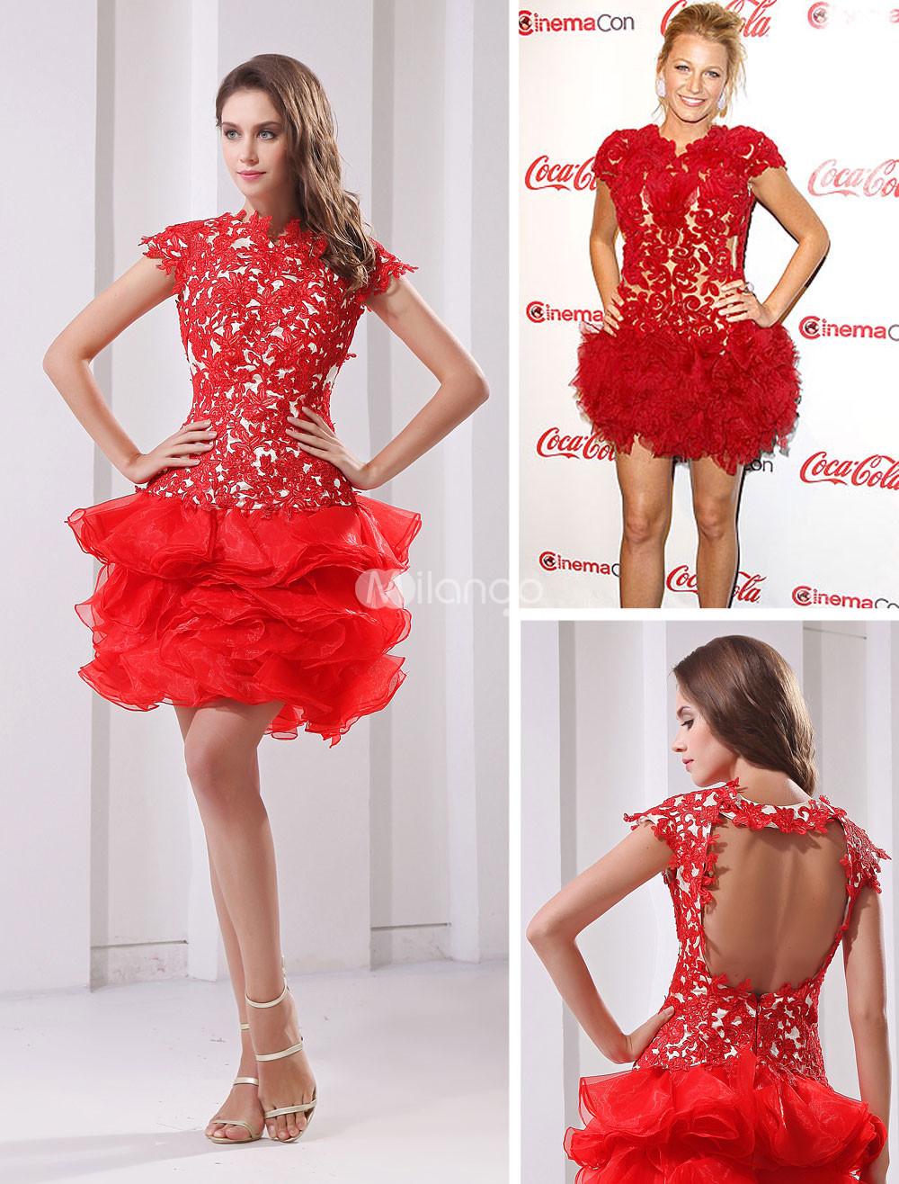 Foto Vestido de Homecoming de rojo apliques plumas Organza mujer