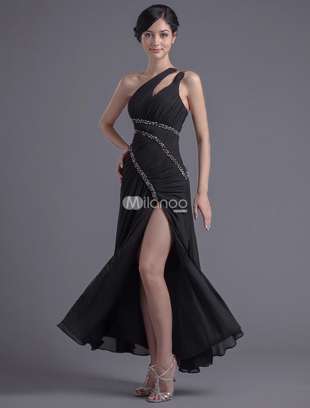 Foto Vestido de lentejuelas de gasa negra de un solo hombro tobillo-longitud vaina