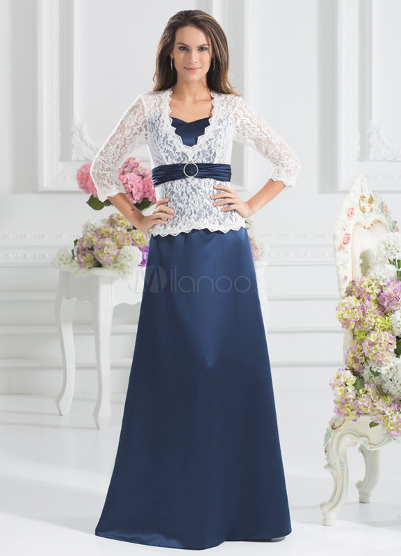 Foto Vestido de moda de encaje azul marino oscuro elegante Peplum cuello alto para madre de la novia