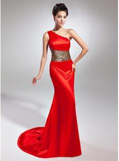 Foto Vestido de noche Corte sirena Vestido tubo Un sólo hombro Cola barrida