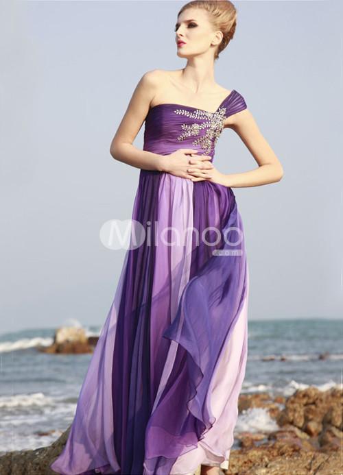 Foto Vestido de noche de gasa Tencel rebordear Womens un hombro púrpura