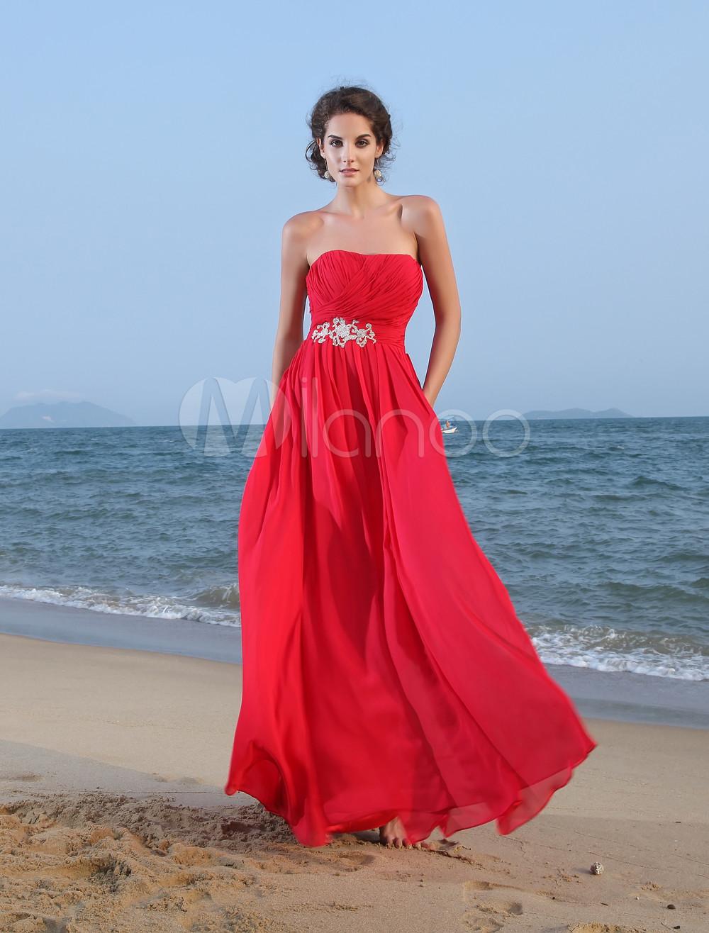 Foto Vestido de noche de la mujer sin tirantes piso-longitud apliques Vestido de Gasa rojo