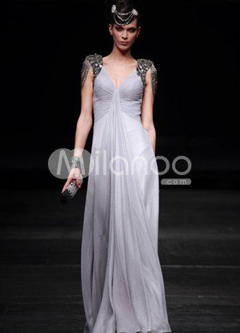 Foto Vestido de noche de satén sin mangas mujer abalorios de seda gris de lujo