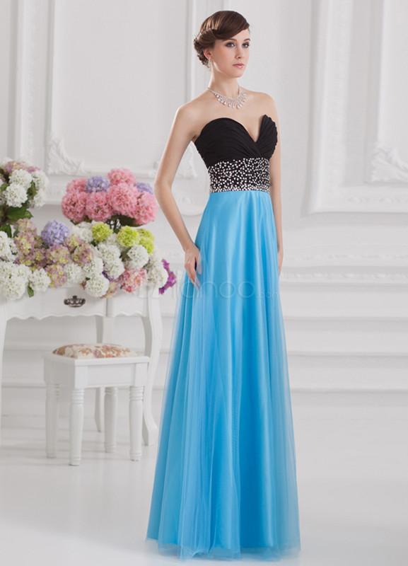 Foto Vestido de noche dulce azul satén lentejuelas amor cuello de la mujer