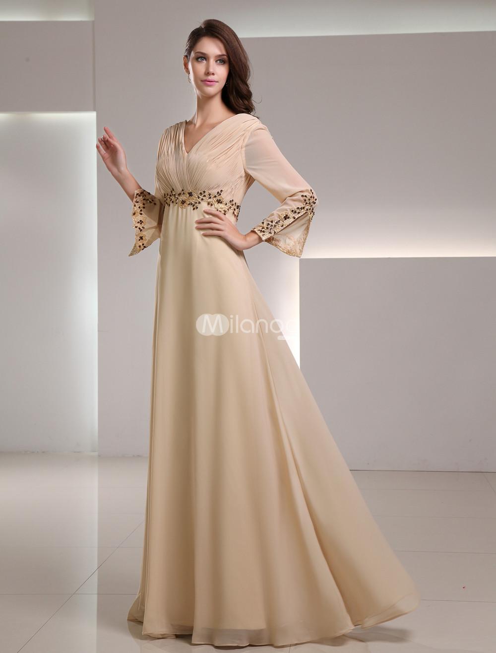 Foto Vestido de noche elegante Champagne gasa apliques con cuello en v de la mujer