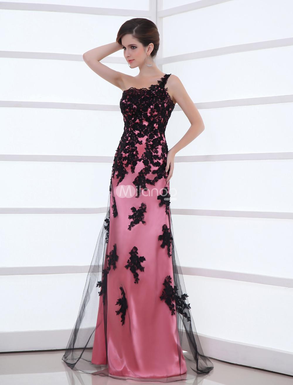 Foto Vestido de noche elegante cordón neto de sandía un solo hombro femenino