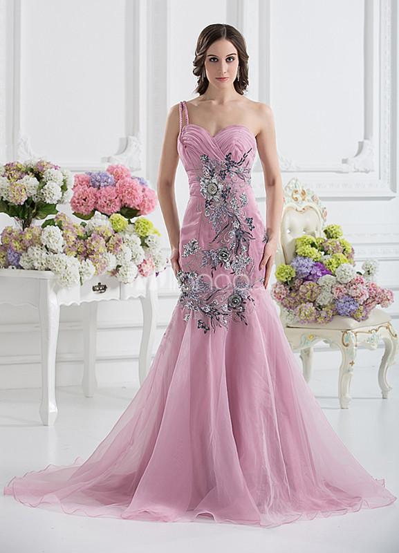 Foto Vestido de noche elegante lavanda Organza lentejuelas amor cuello de la mujer