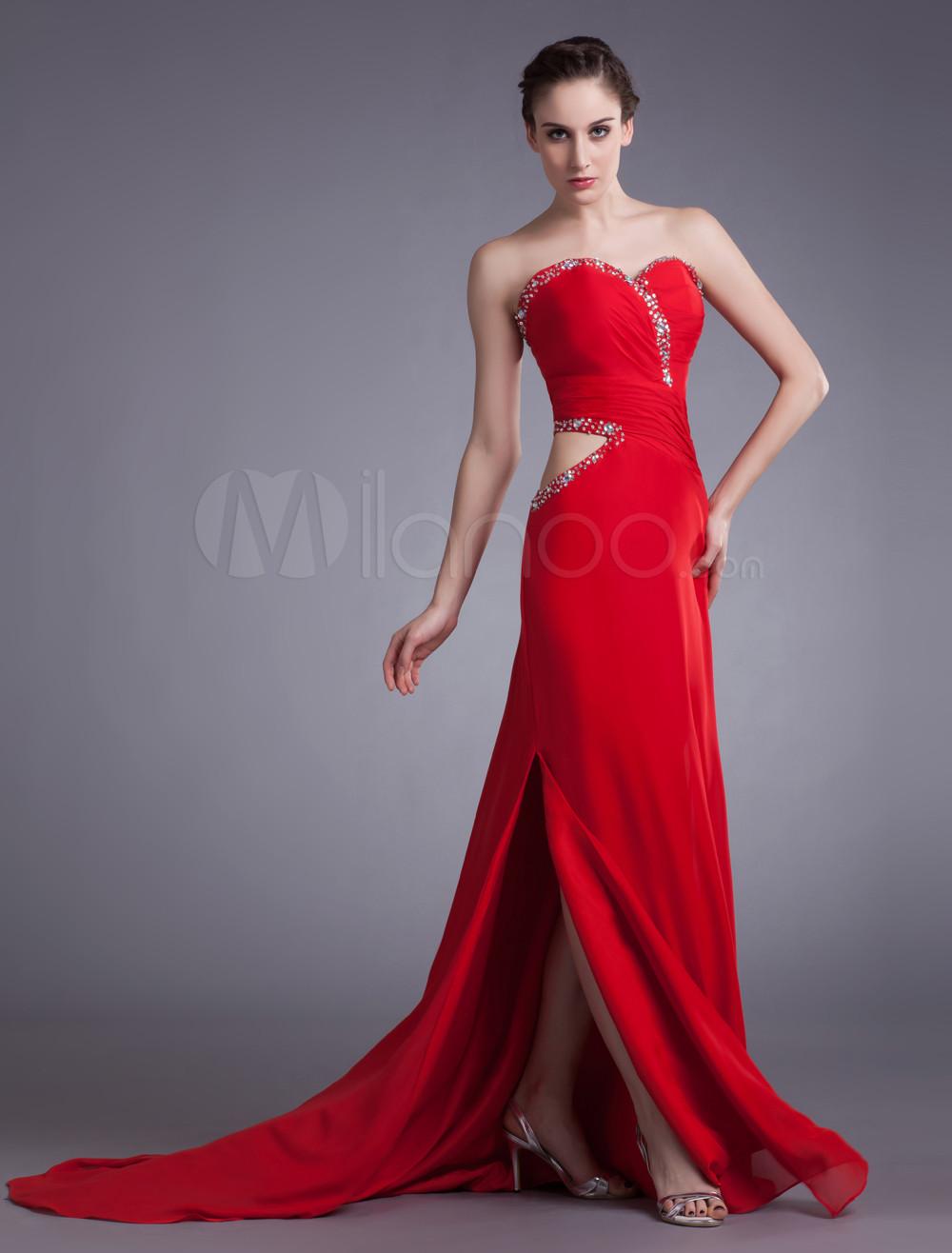 Foto Vestido de noche elegante rebordear gasa rojo vestido cuello Femenil