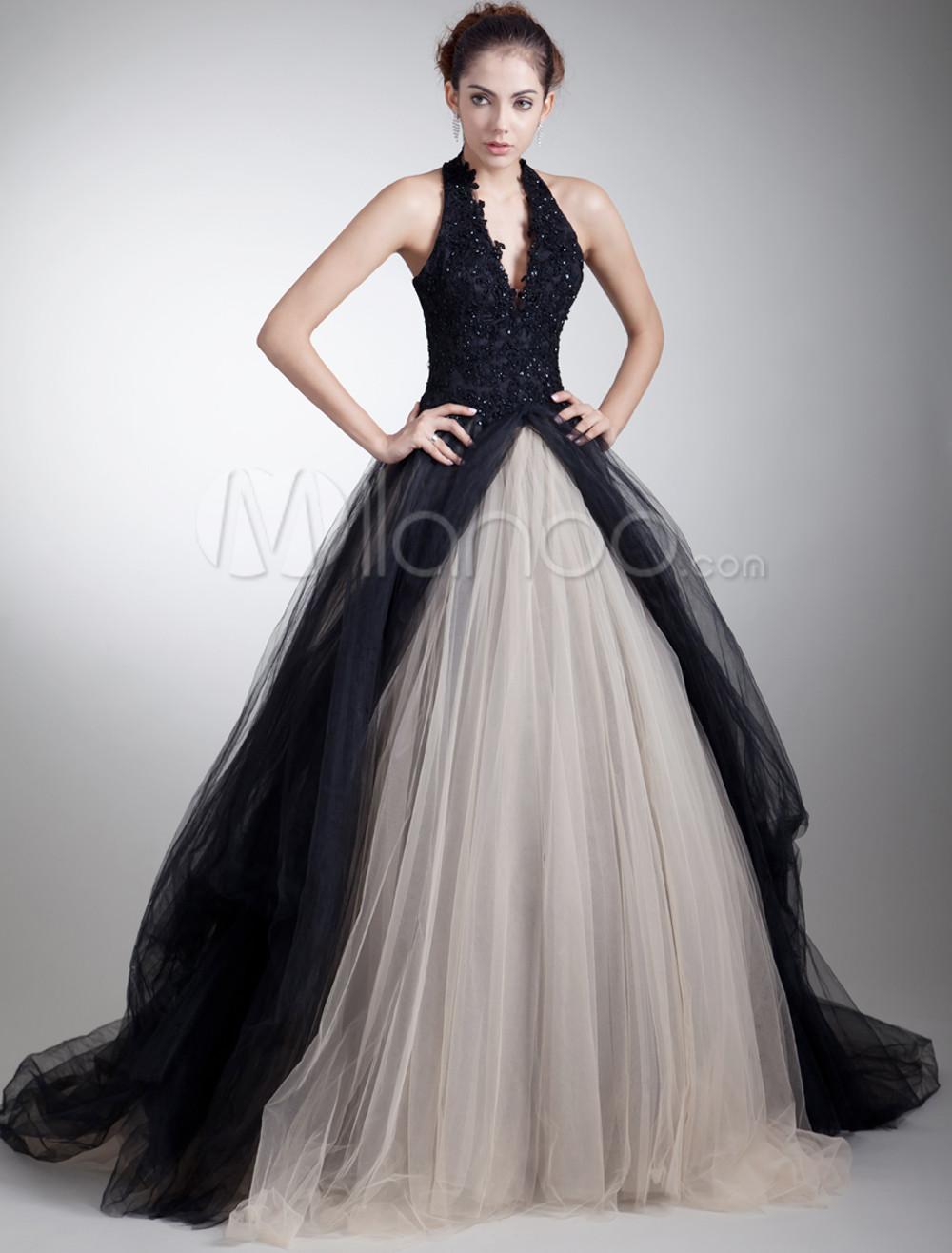 Foto Vestido de noche elegantes apliques de red negro Halter Femenil