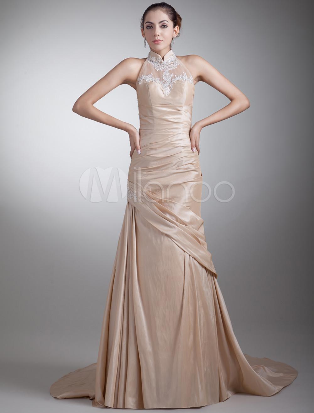 Foto Vestido de noche elegantes apliques tafetán Champagne cuello alto Femenil