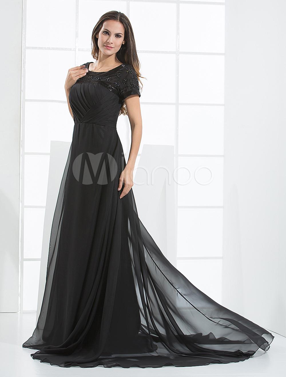 Foto Vestido de noche negro de gasa con escote redondo de línea A hasta el suelo