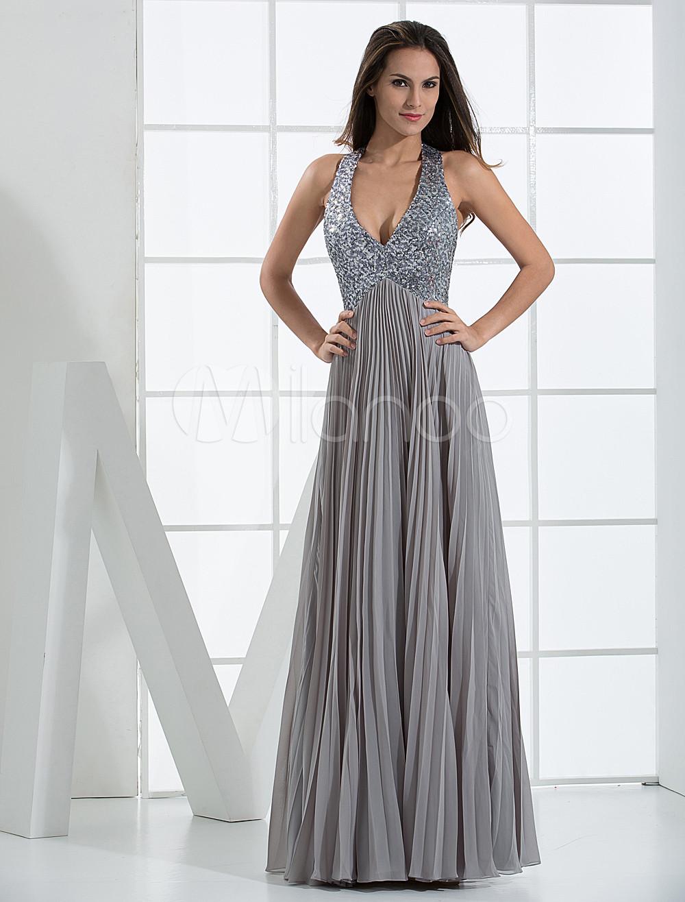 Foto Vestido de noche plateado de satén y de gasa con escote Halter de línea A hasta el suelo