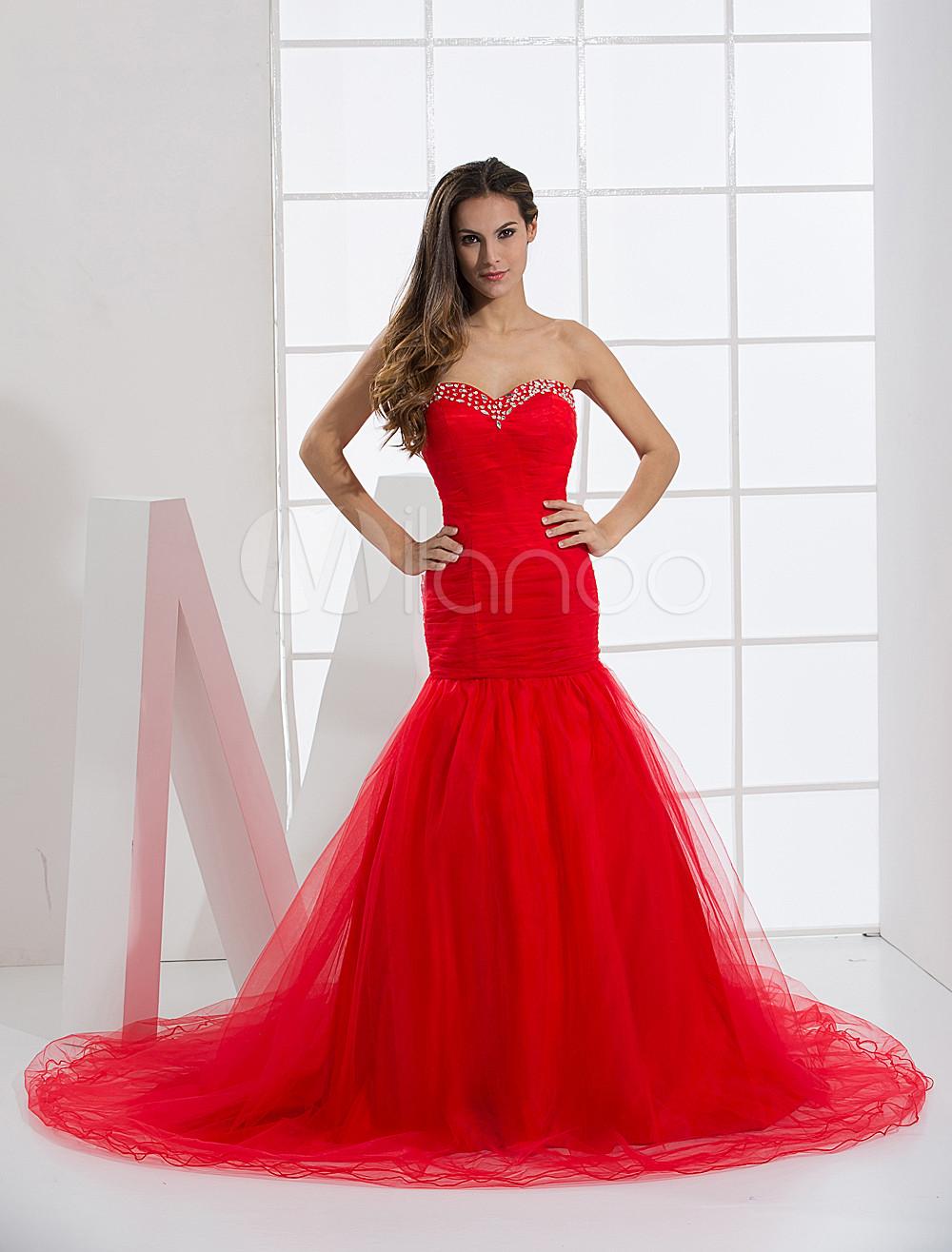 Foto Vestido de noche rojo de red con escote de corazón de línea A de cola barrida