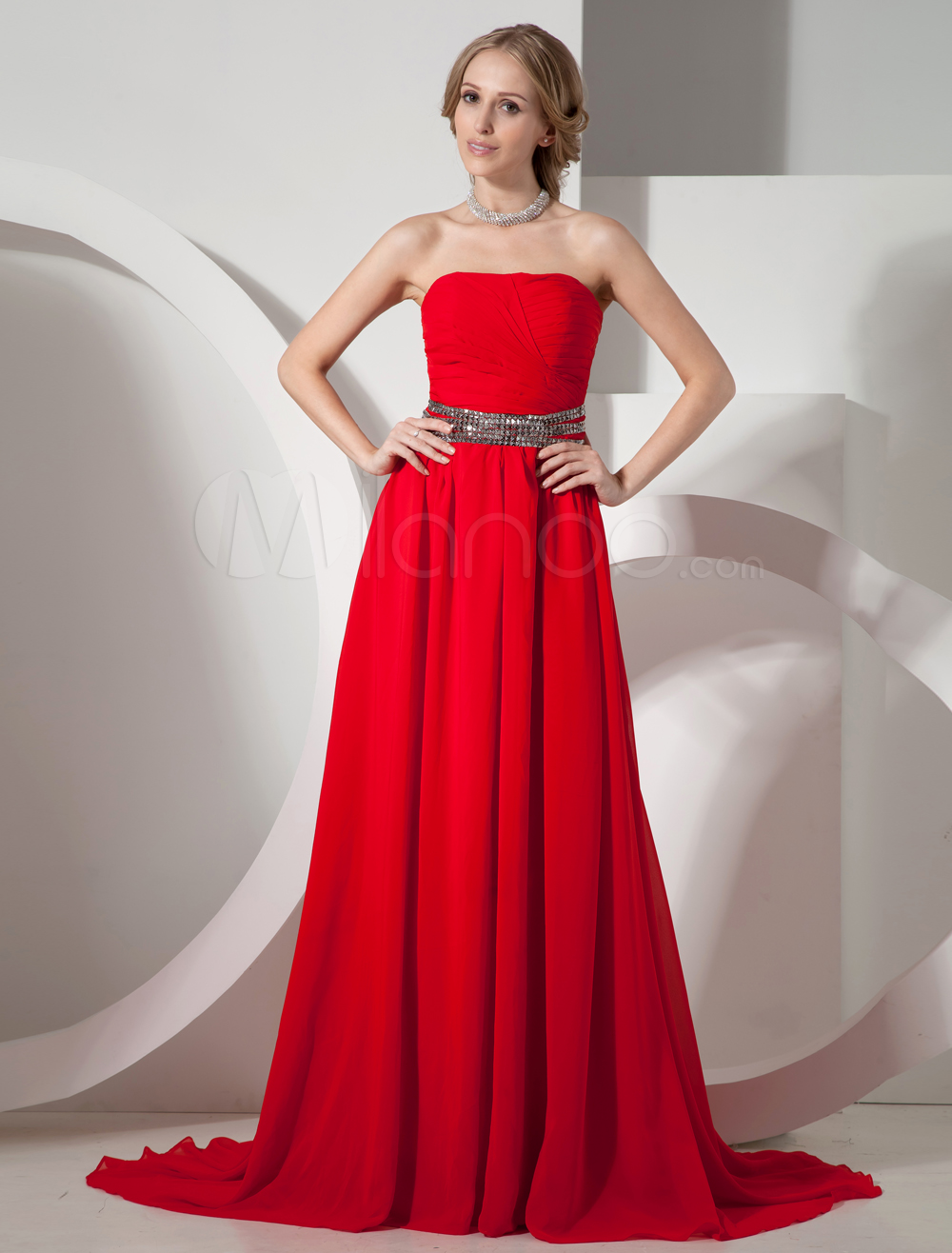 Foto Vestido de noche rojo una línea Strapless Stud chifón de mujer