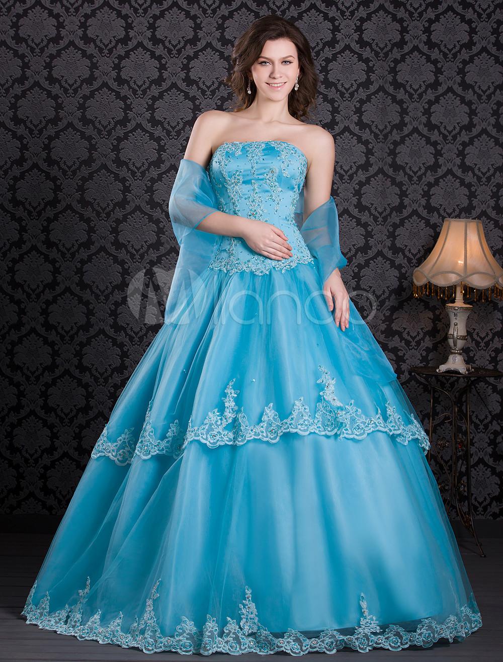 Foto Vestido de Organza azul romántico encaje-vestido Femenil